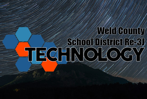 Stary sky with text that says Weld County School District Re-3J Technology
