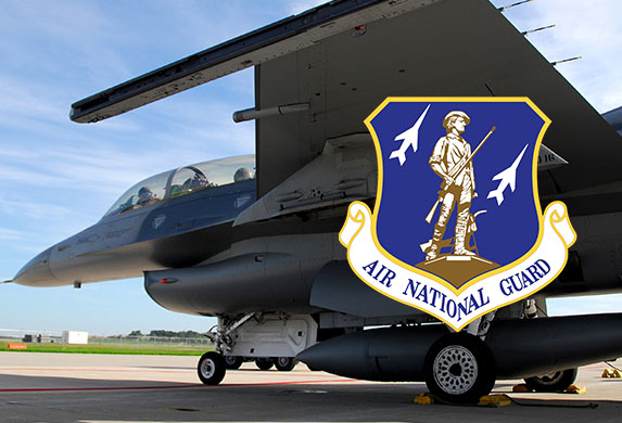 Photograph of an F-16 Falcon and an image of the Air National Guard Logo